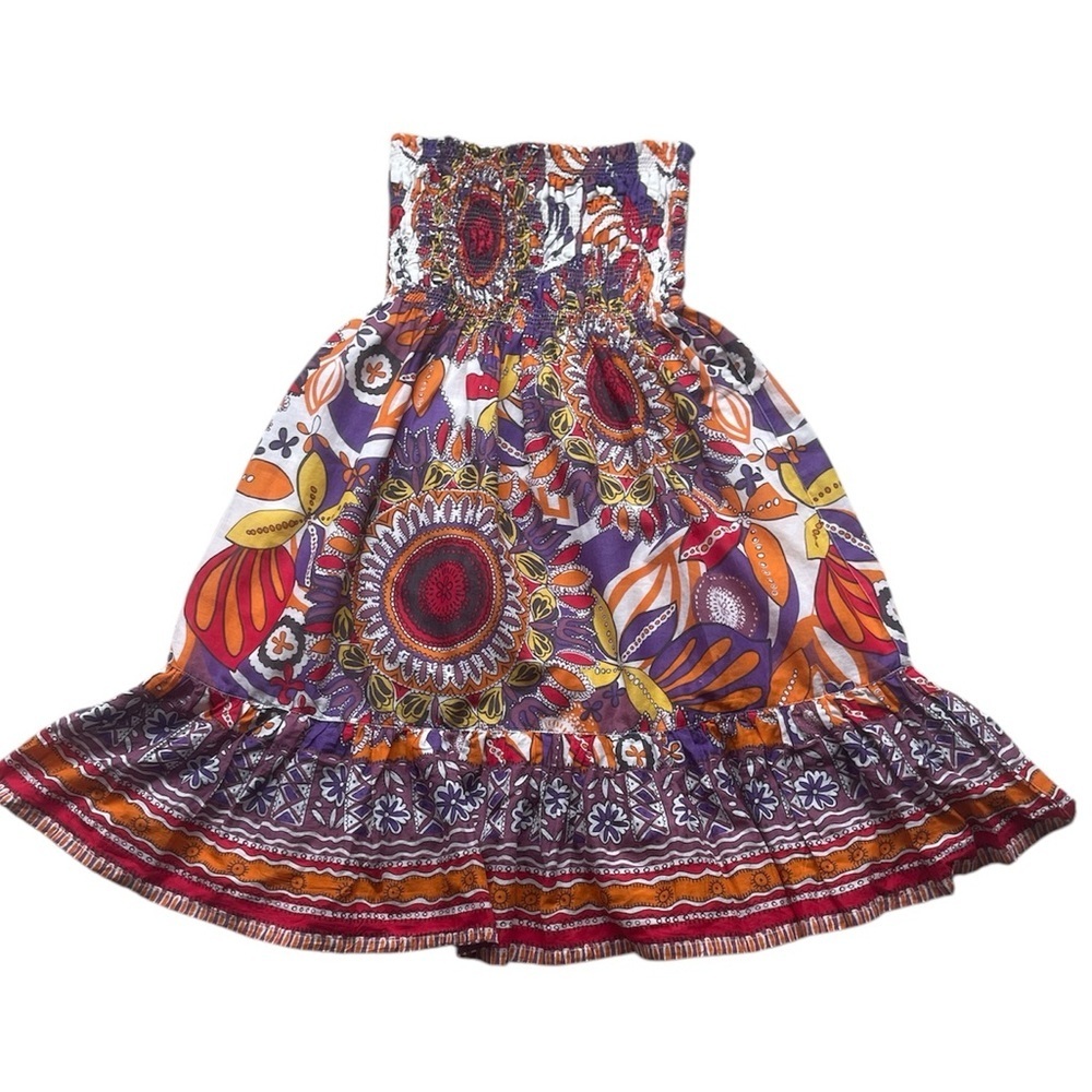Moda International Bohemian Smocked Strapless Printed Cotton Dress Size Small